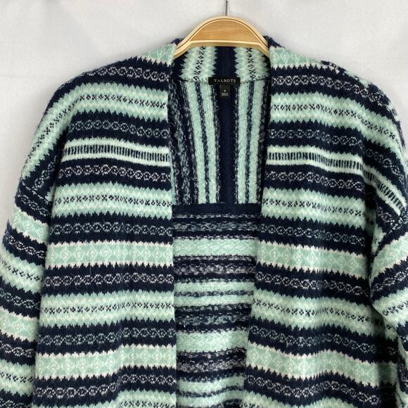 Talbots Fair Isle Long Cardigan Sweater Women S Blue Green Striped Open Front - Picture 3 of 10